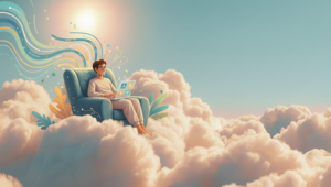 Personne assise dans un fauteuil sur des nuages