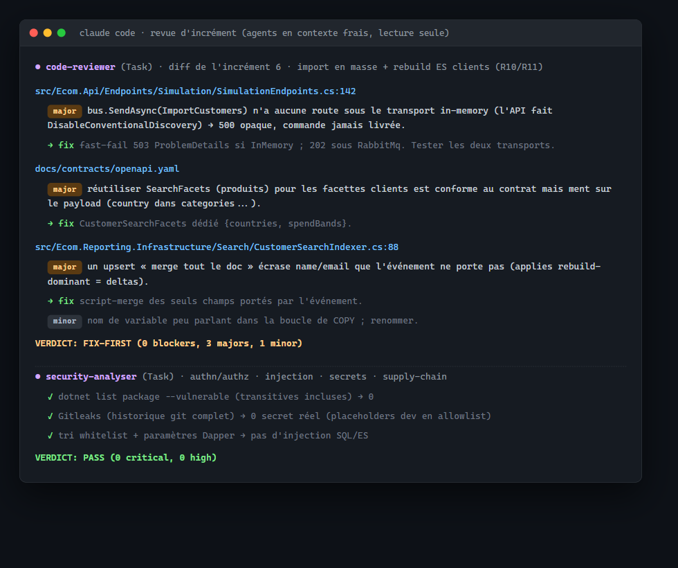 Sortie d'une revue d'agent : verdict et findings (code-reviewer puis security-analyser, en contexte frais)